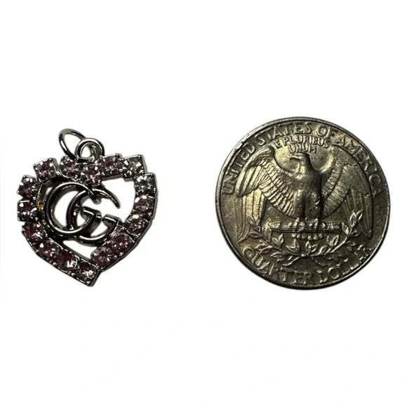 Gucci Silver Heart Zipper Pull Charm with Logo and Clear Stones